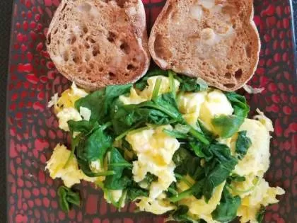 Scrambled Eggs with Spinach and Whole Wheat English Muffin and Brummel and Brown Spread