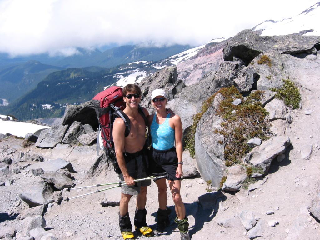 Maria Faires, RD with Peter Whittaker, owner of Rainier Mountaineering Inc. on Camp Muir Route