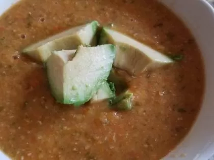 Black bean soup blended with ripe avo