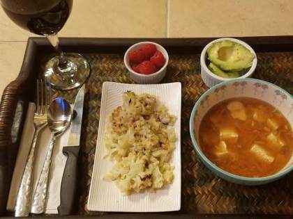 Roasted cauliflower chopped, veg soup with tofu, avo and raspberries