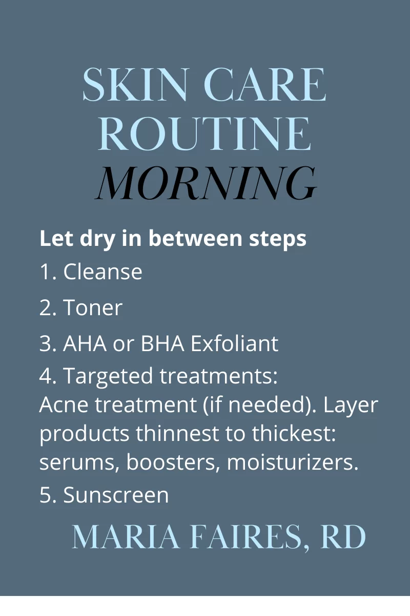 An outline of an optimal skin care morning routine Maria Faires, RD
