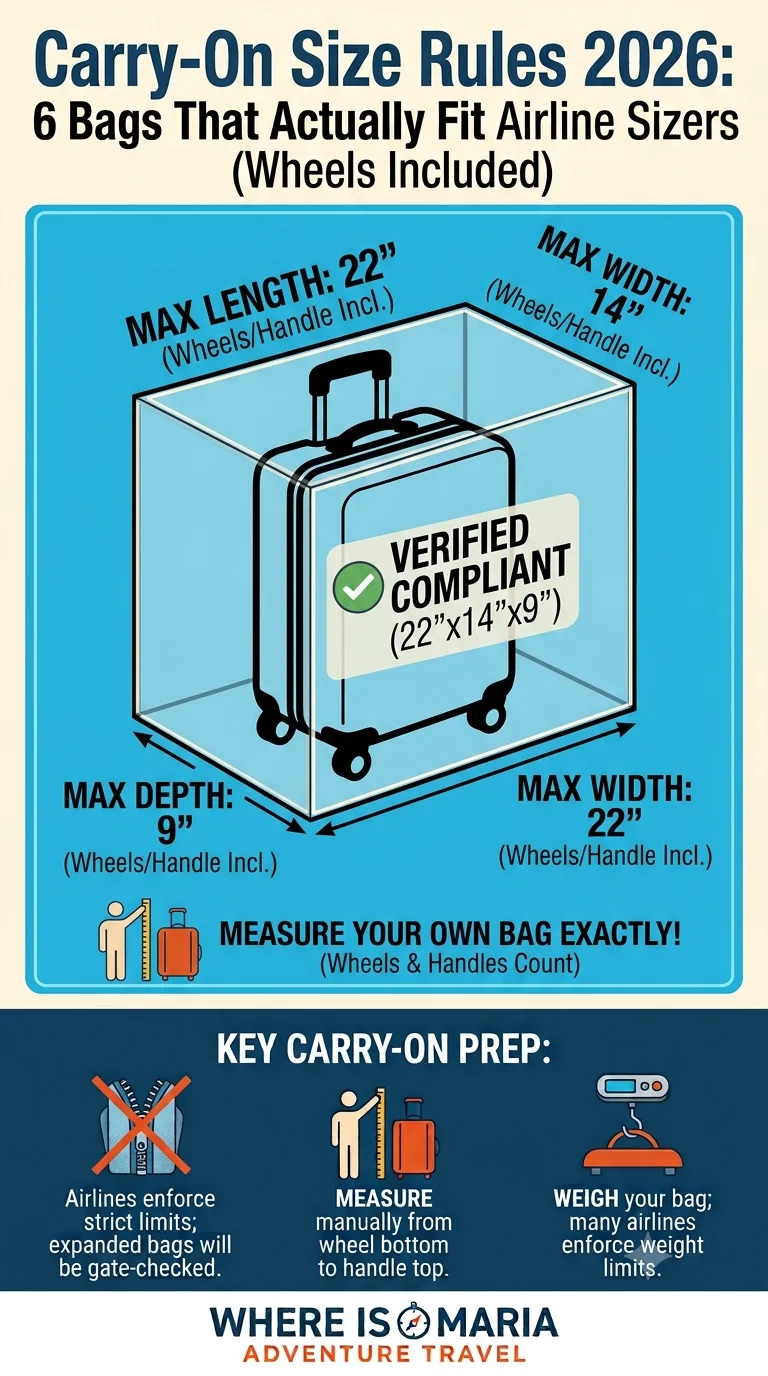 2026 carry-on size rules chart showing 22x14x9 inch airline luggage dimensions