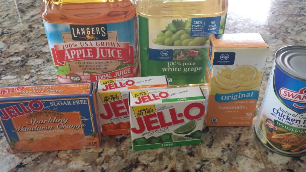 Clear liquids photo of jello, juice and broth