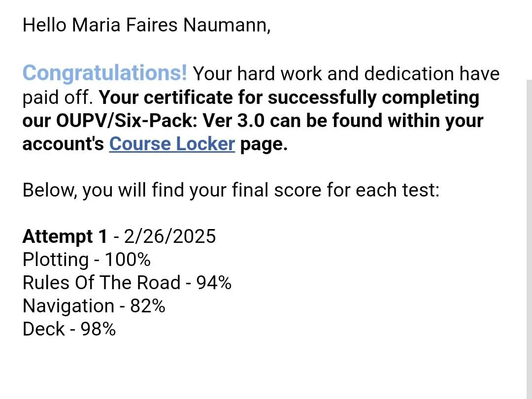 Maria Naumann excellent Captain's final exam test scores